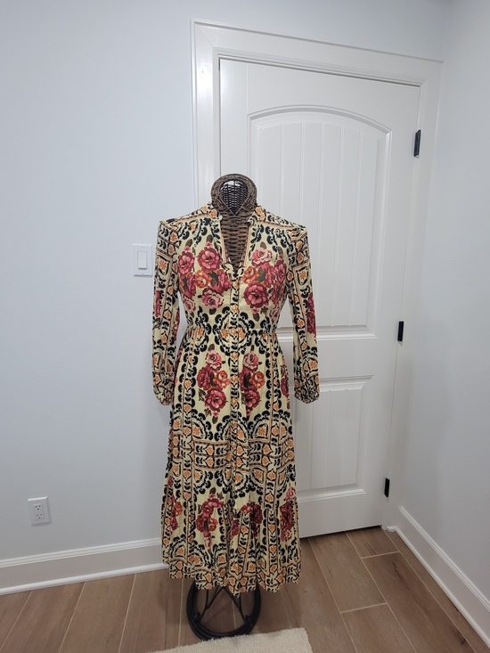 A Loves A Dresses & Skirts - Floral V-Neck Long Sleeve Midi Dress in Cream and Rose